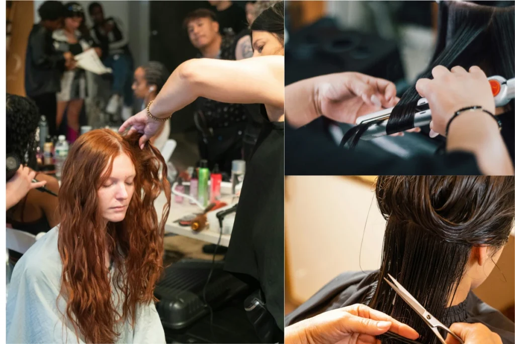 Hairstylist working backstage, styling and cutting hair