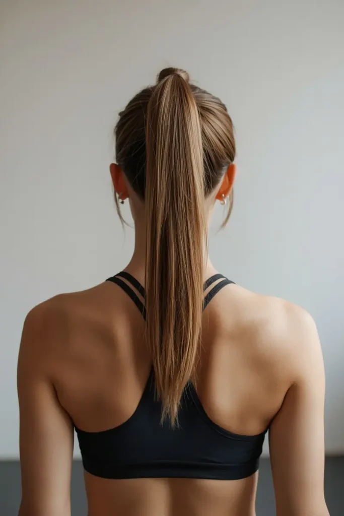 Simple high ponytail athletic hairstyle, back view