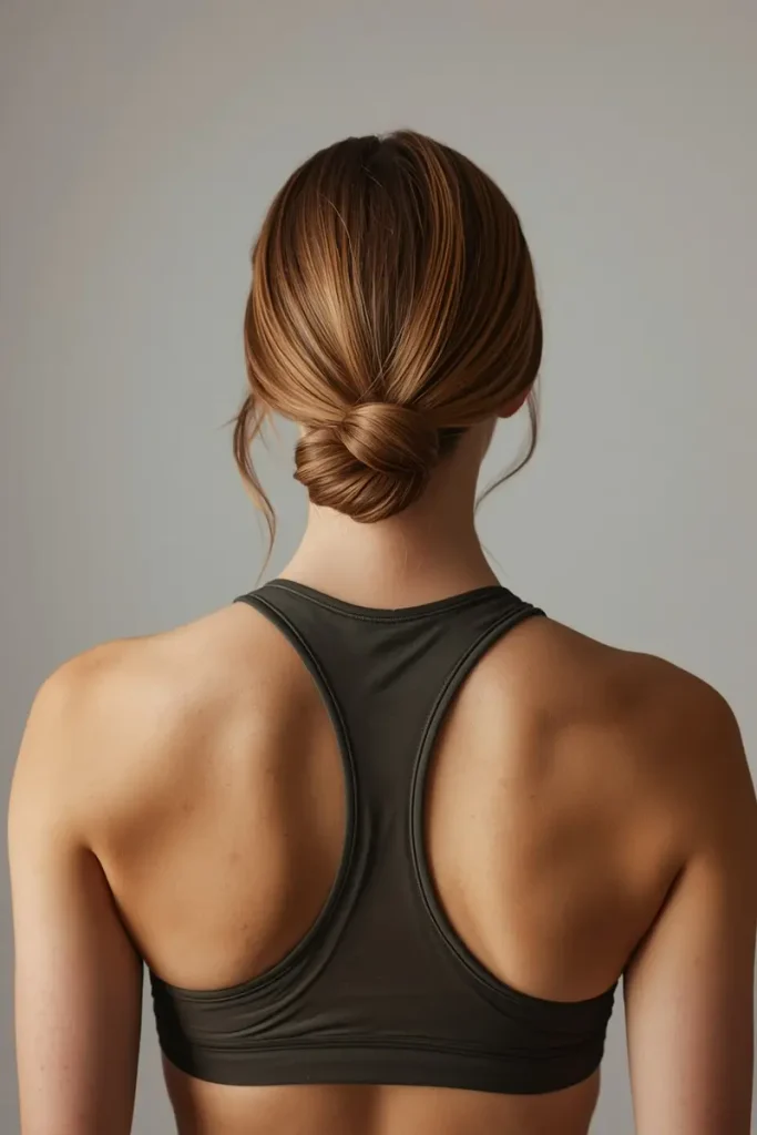 Classic twisted low bun athletic hairstyle, back view