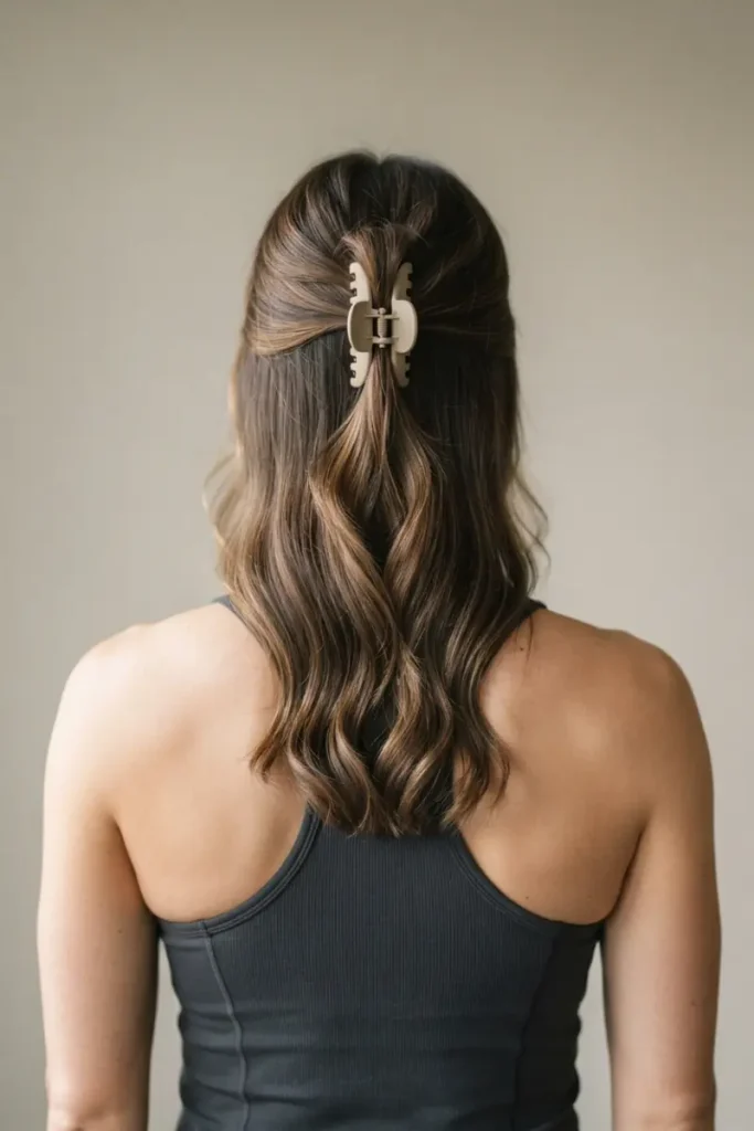 Half-up claw clip athletic hairstyle, back view