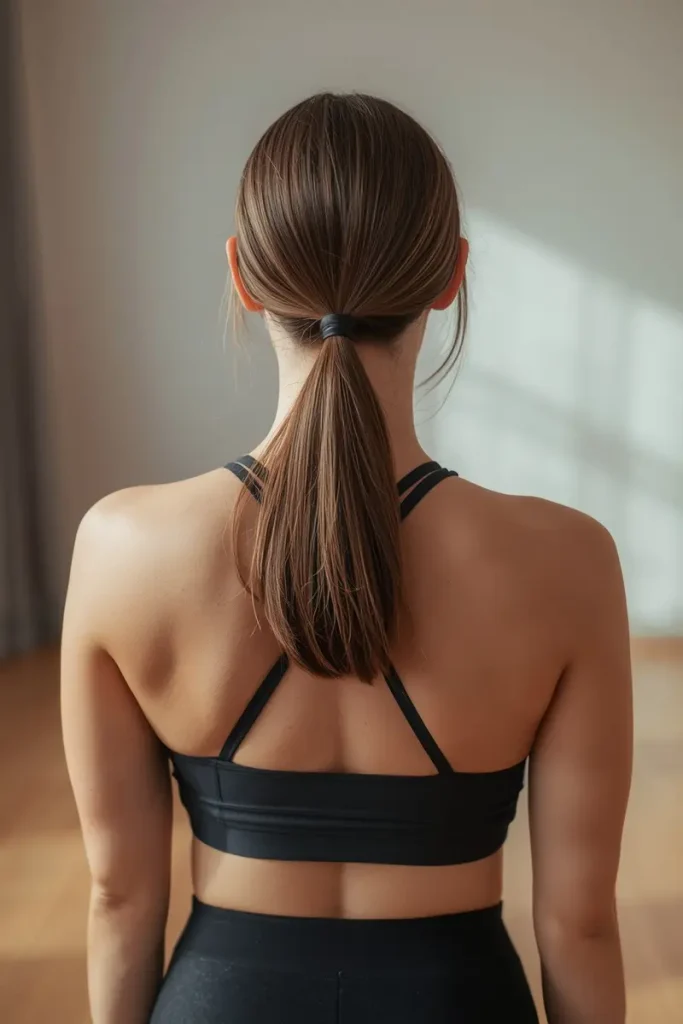 Sleek low ponytail athletic hairstyle in studio, back view