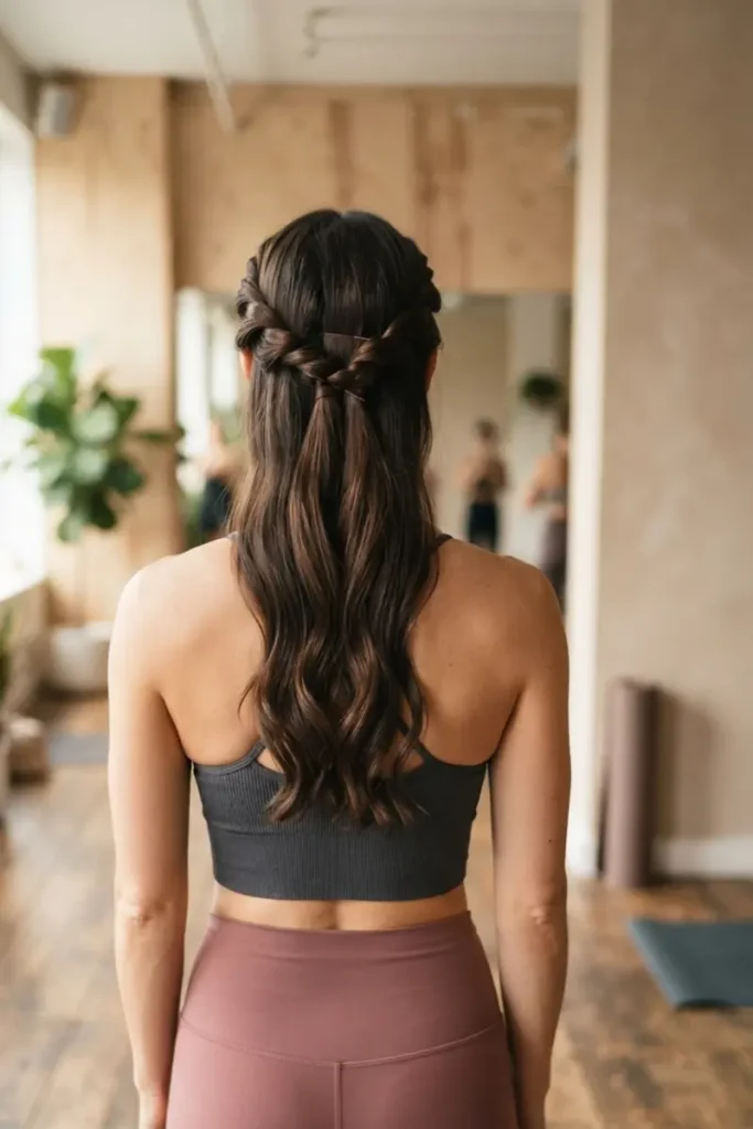 Twisted half-up athletic hairstyle in yoga studio, back view