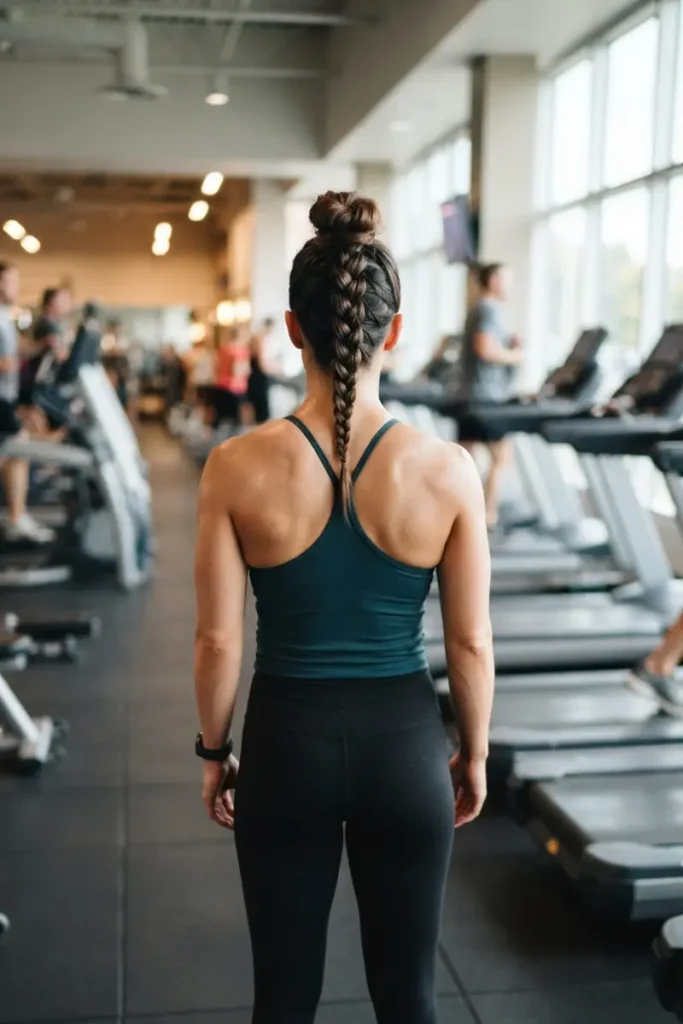 Braided top knot athletic hairstyle in gym cardio area, back view