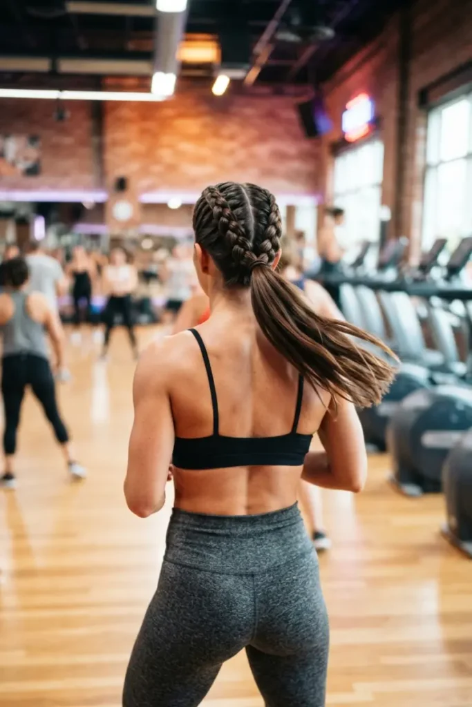 Double Dutch braids into a ponytail athletic hairstyle in gym, back view