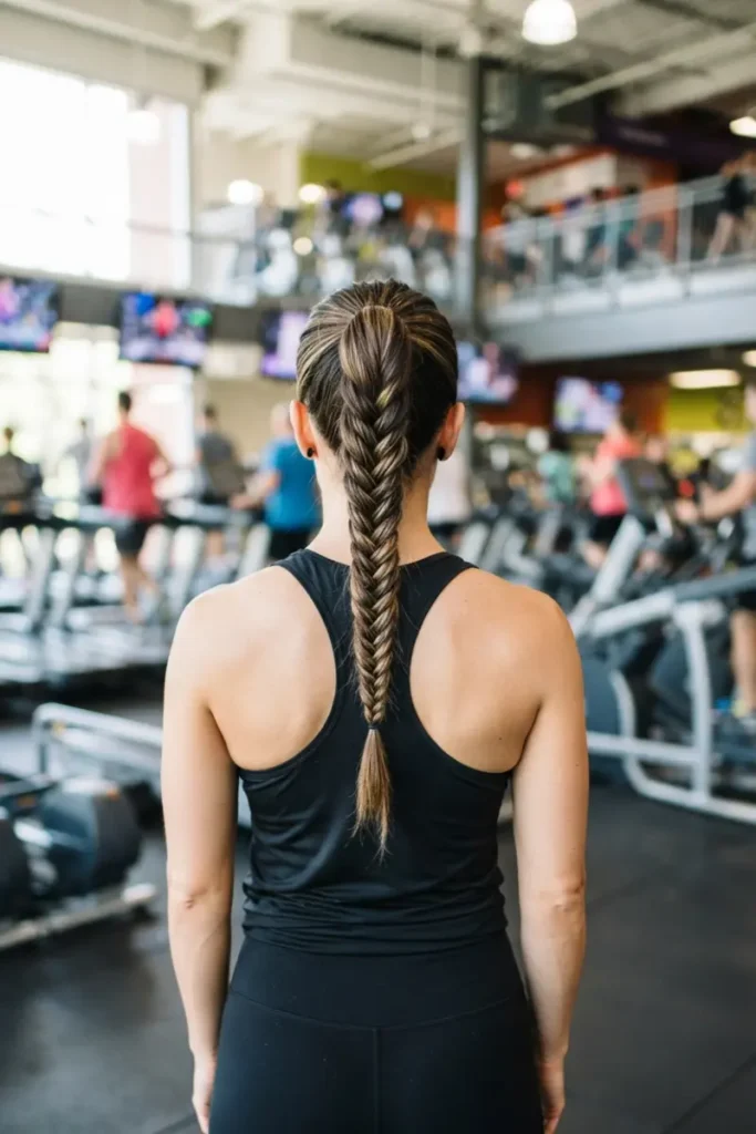 Fishtail braid pulled back athletic hairstyle in gym, back view