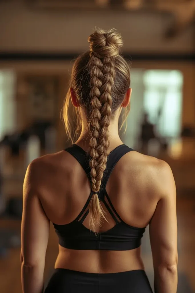 French braid into a high bun athletic hairstyle, back view