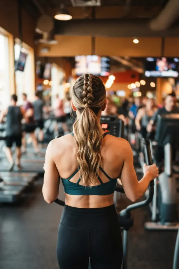 Braided half-up ponytail athletic hairstyle in gym, back view