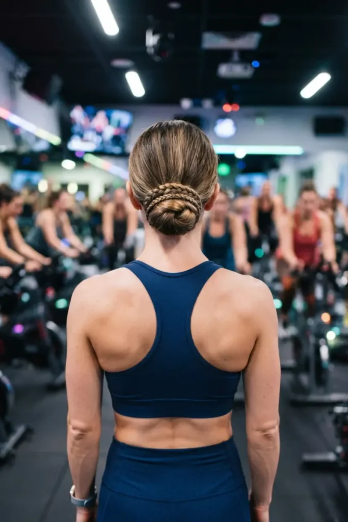 Slicked-back bun with a braid wrap athletic hairstyle in spin studio, back view