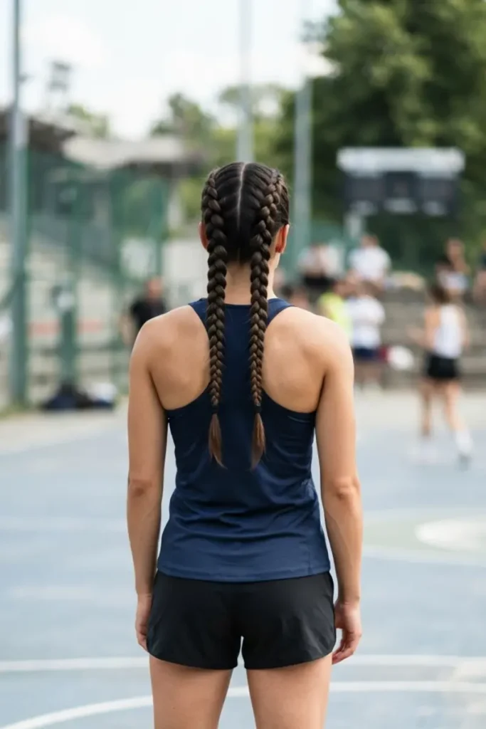 Double Dutch braids full length athletic hairstyle on sports court, back view