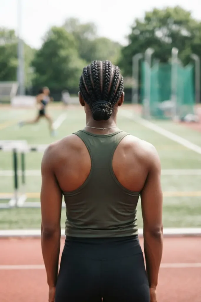 Cornrows into a low bun athletic hairstyle on track field, back view