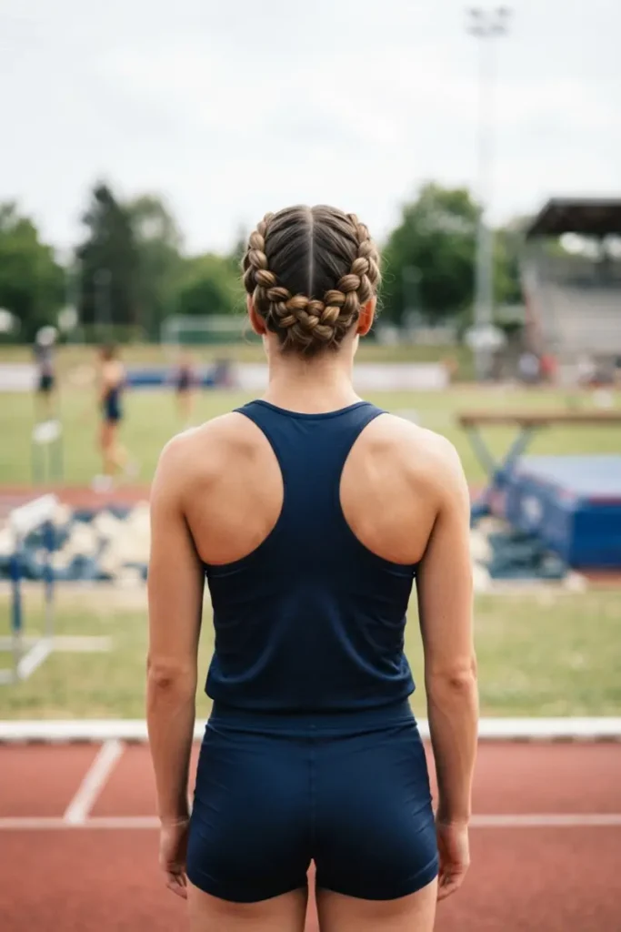 Braided crown athletic hairstyle on track field, back view