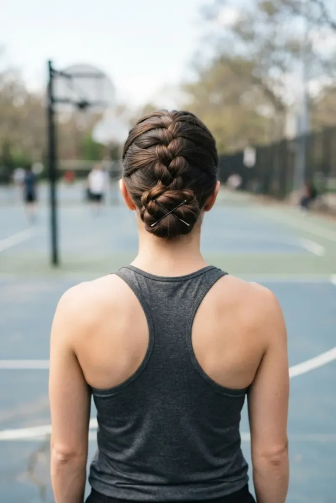 Braided bun with bobby pin reinforcement athletic hairstyle on basketball court, back view