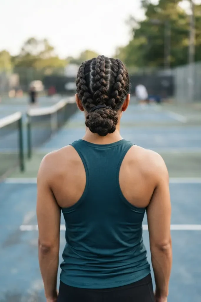 Triple braid bun athletic hairstyle on tennis court, back view