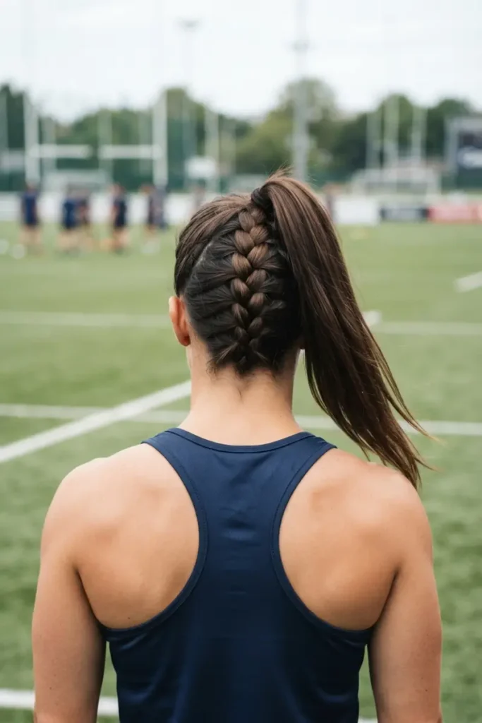 Underbraid into a ponytail athletic hairstyle on rugby field, back view