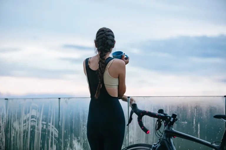 Athletic French braid hairstyle with cycling gear, back view
