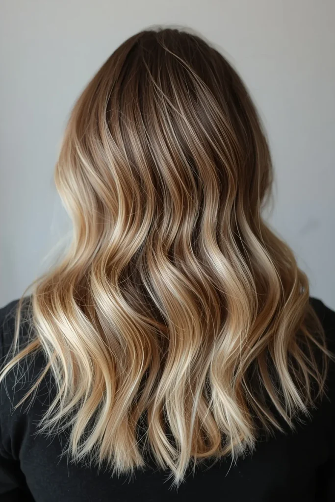 Naturally light brown to blonde hair with subtle beachy balayage, back view