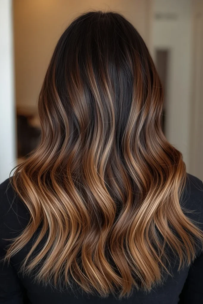 Dark brown to black hair with warm caramel balayage highlights, back view
