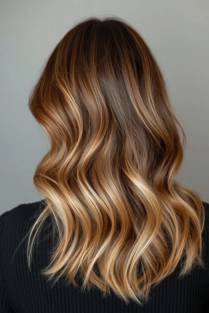 Medium brown hair with honey and dimensional balayage highlights, back view