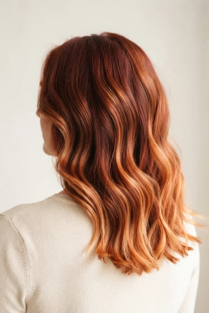 Red and auburn hair with copper balayage highlights transitioning to brighter ends, back view