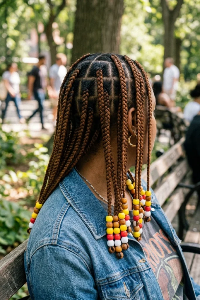 Box braids with colorful wooden beads threaded onto select braid ends