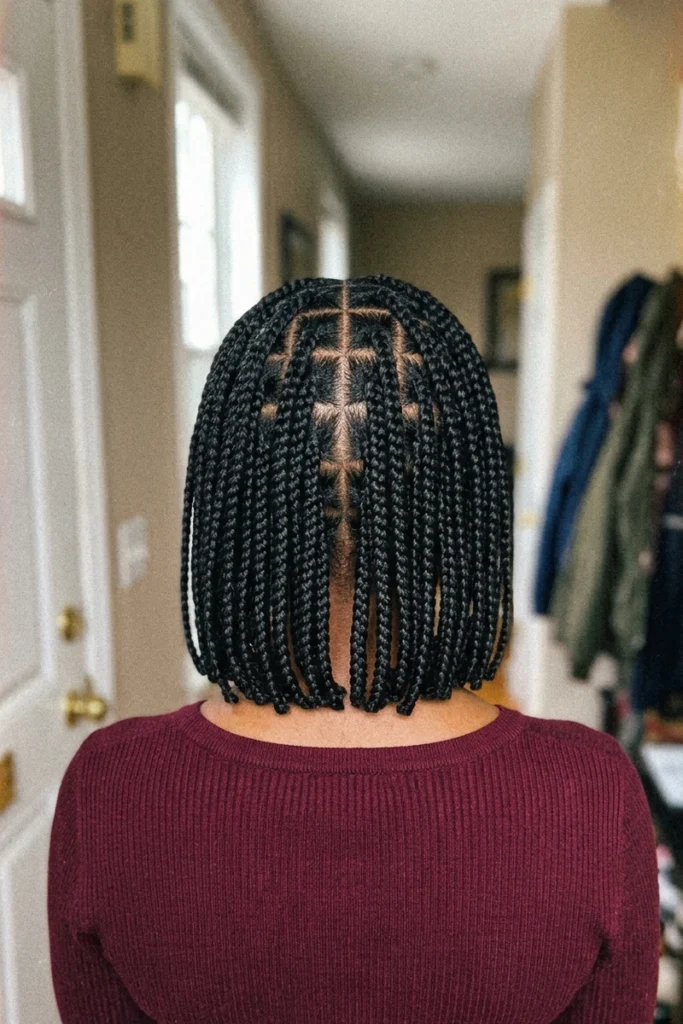 Bob-length box braids ending at the shoulder
