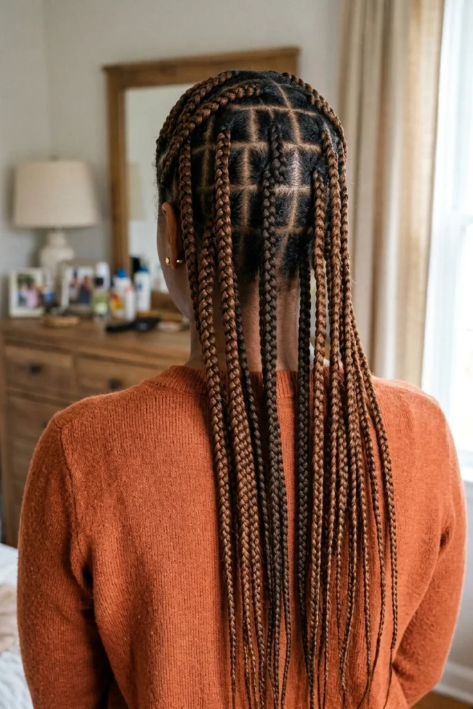 Classic medium box braids with clean square partings at the scalp