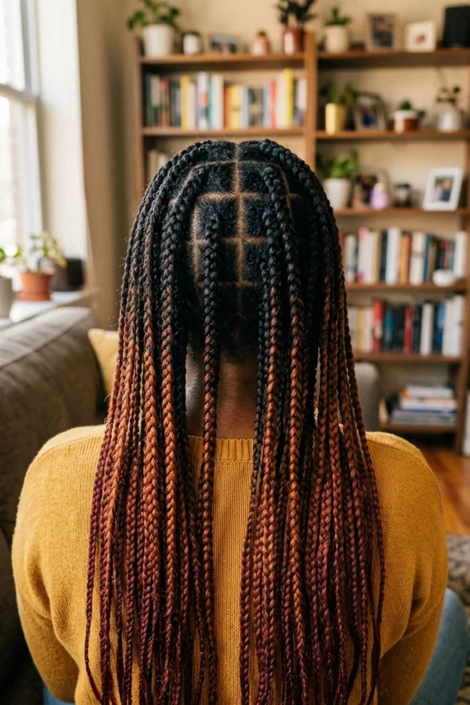 Box braids in a dark-root, copper-to-burgundy ombré color transition