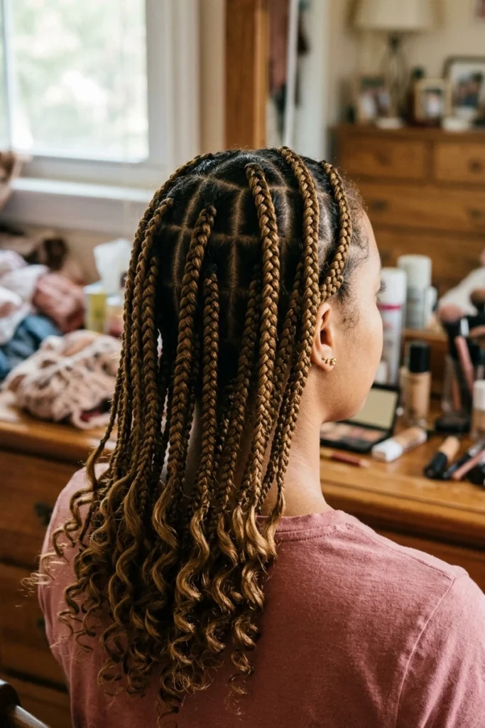 Box braids with clean square partings transitioning into loose curly ends