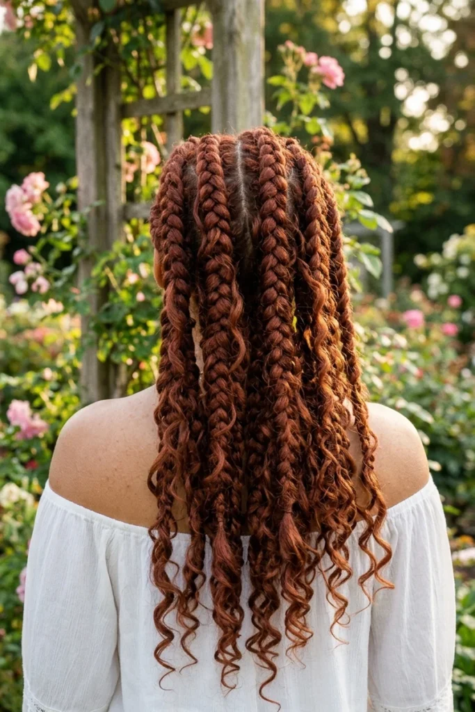 Thick, voluminous goddess box braids with wavy curly texture woven throughout