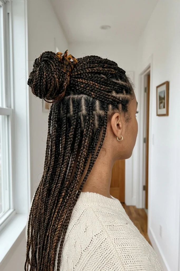 Box braids styled half-up with the top section gathered into a bun and clip, lower braids hanging loose