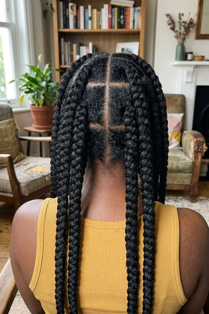 Jumbo box braids with large, thick sections and fewer total braids