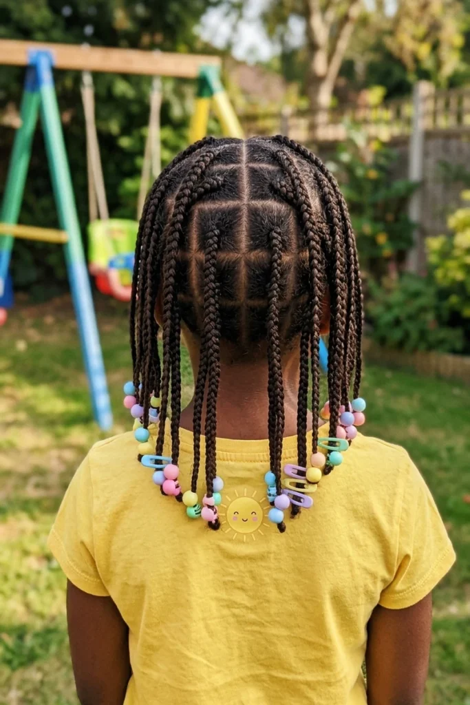 Neat kid-friendly box braids with pastel bead and clip accents
