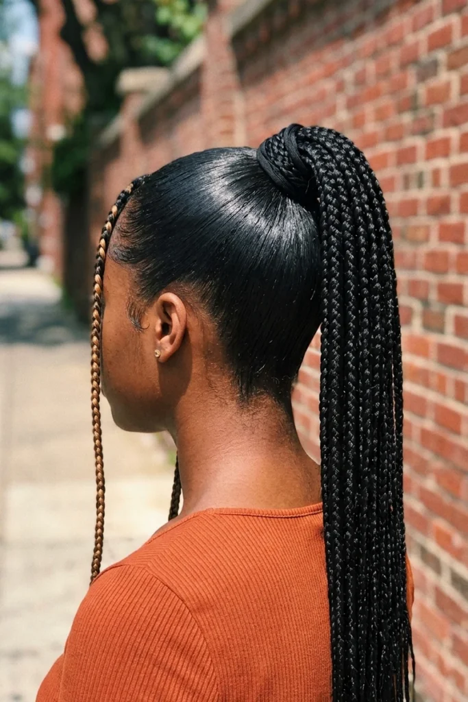 Sleek high box braid ponytail with smooth edges and caramel-blonde face-framing pieces