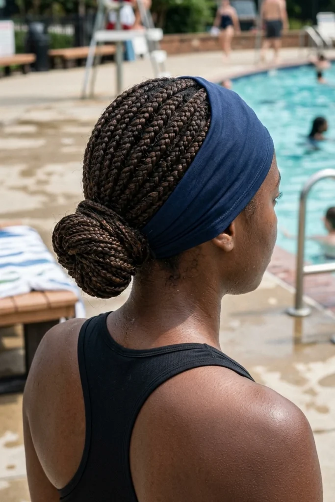 Box braids secured in a low bun with an edge-covering headband at a pool for workout or swimming
