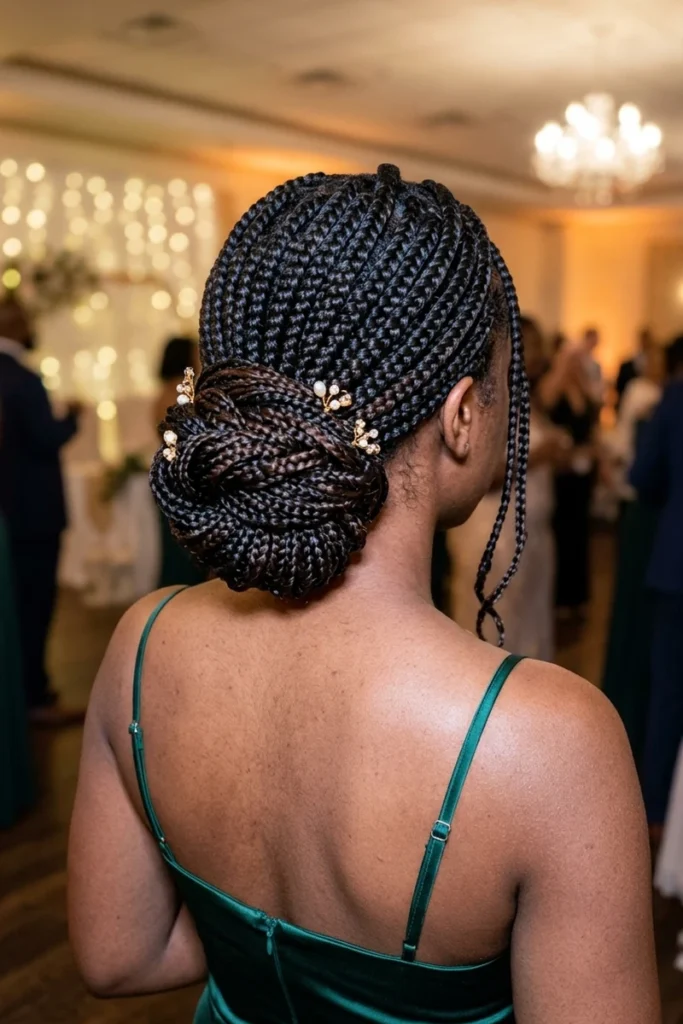 Box braids styled into an intricate low bun updo with decorative pearl and gold hairpins