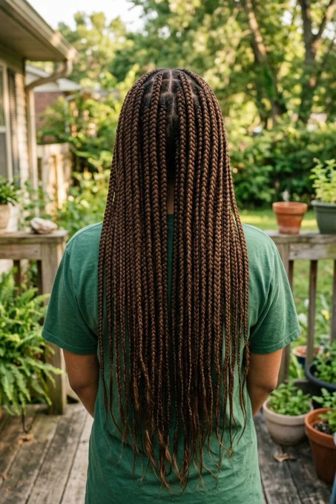 Waist-length box braids extending well past the shoulders
