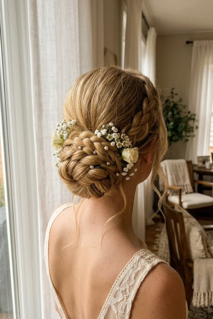 Bridal braided bun hairstyle with small flowers and pearl pins tucked into the braid