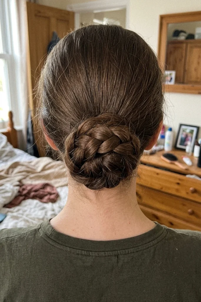 Classic braided bun hairstyle with a three-strand braid coiled and pinned into a bun