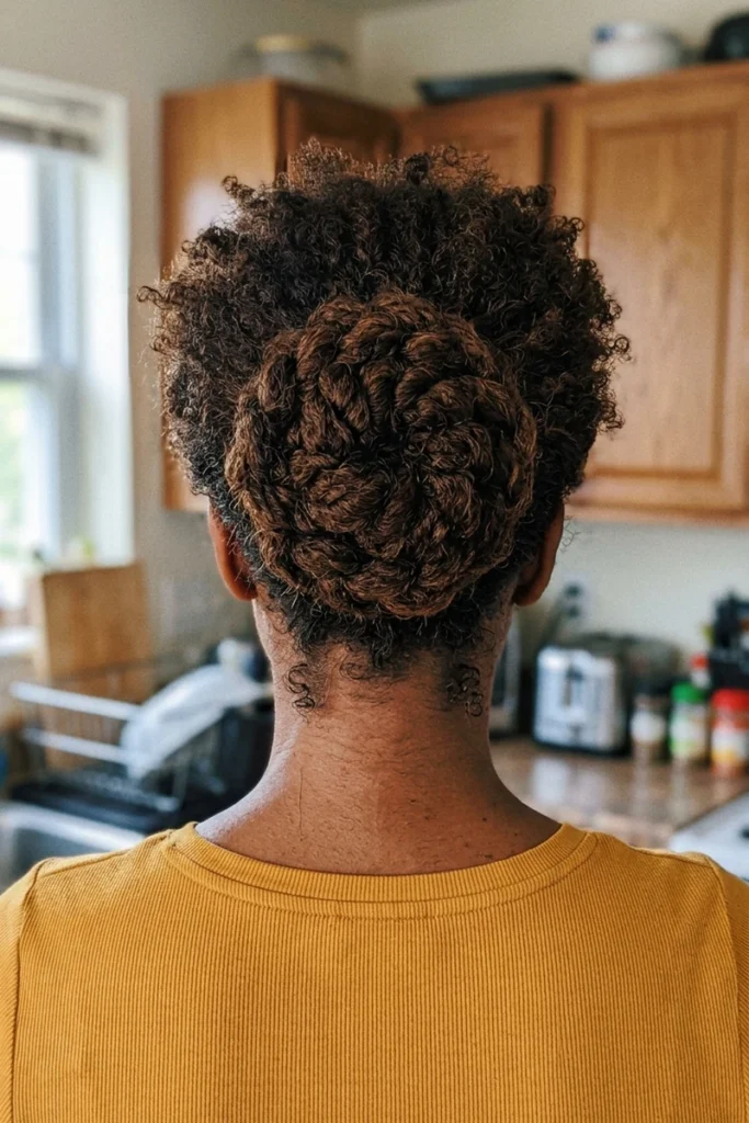 Braided bun styled on naturally curly hair with visible curl texture