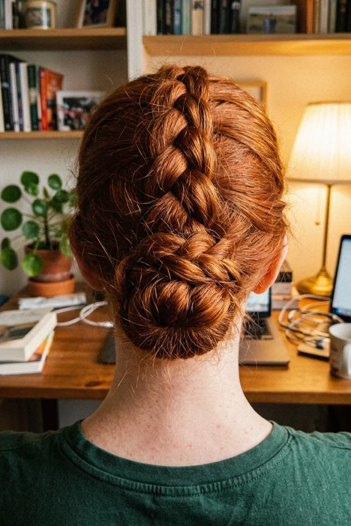 Dutch braided bun hairstyle with a raised, full braid texture
