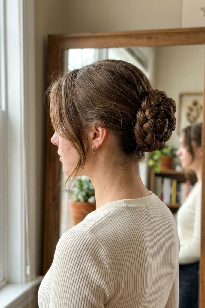 Braided bun hairstyle with loose face-framing pieces around the hairline