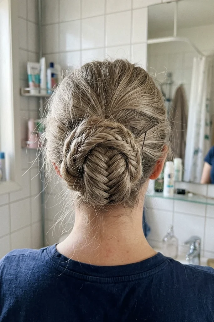 Fishtail braided bun hairstyle with a visible textured ridge pattern