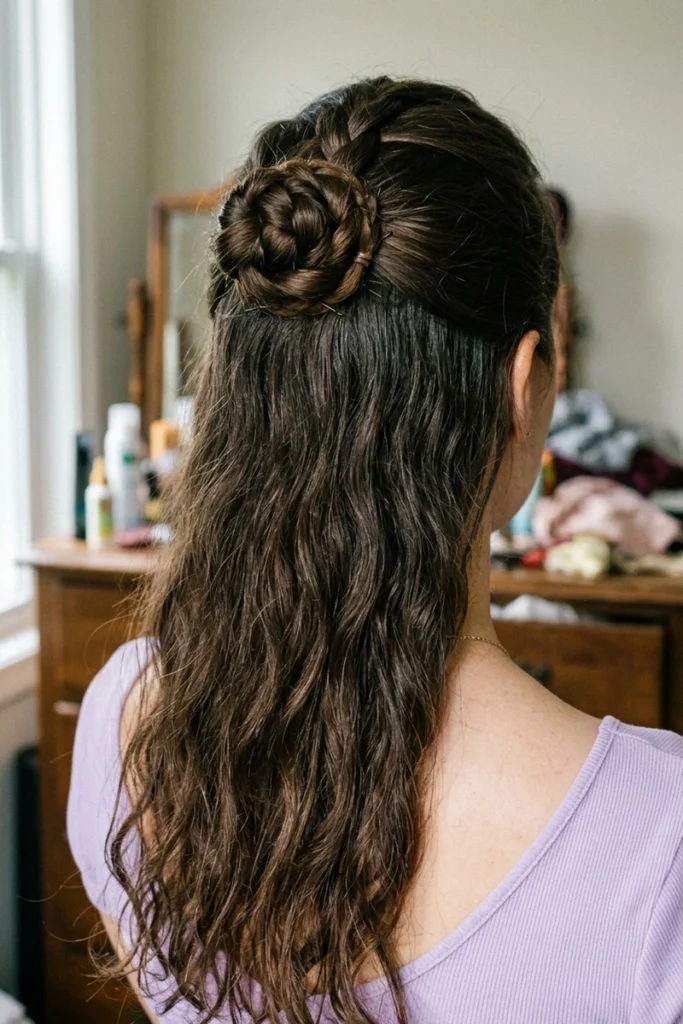 Half-up braided bun hairstyle with the top section braided and the rest of the hair left down