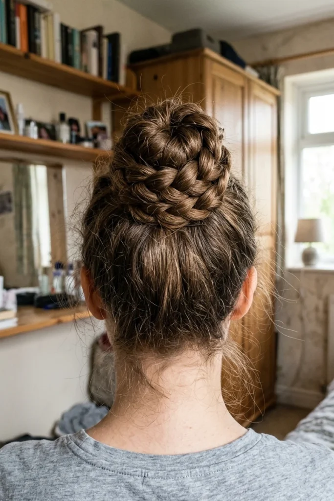 High braided bun hairstyle positioned at the crown of the head