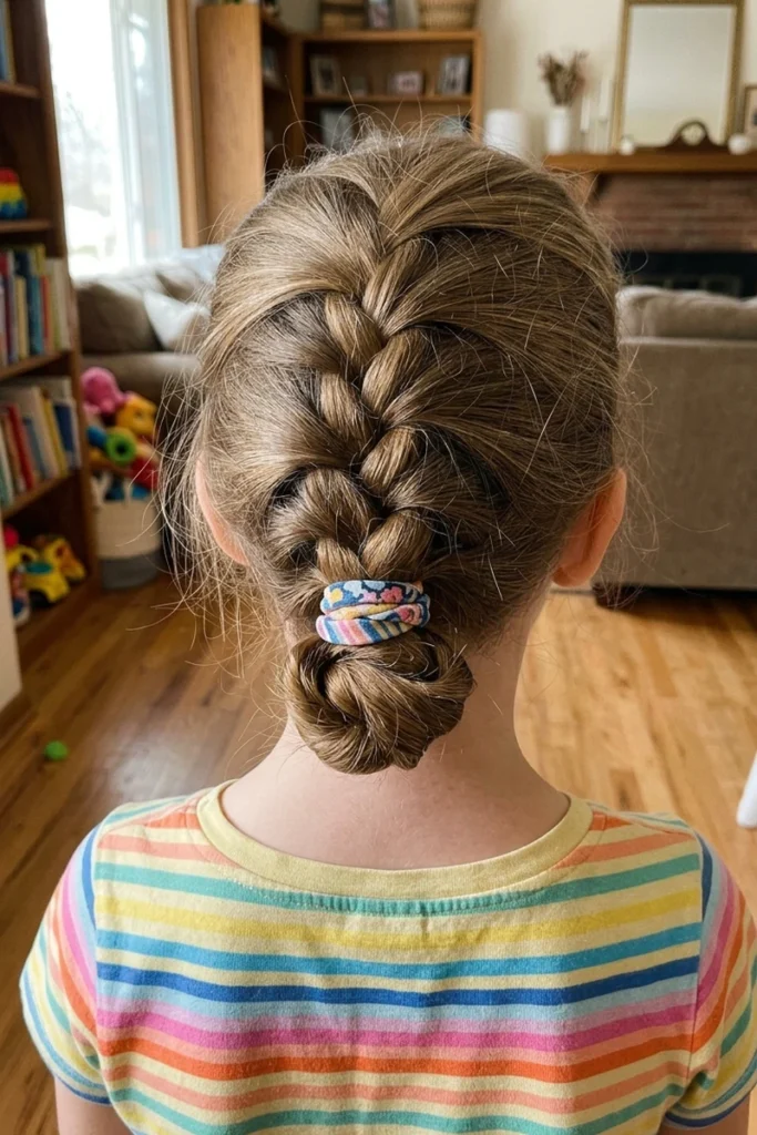 Kids' braided bun hairstyle styled loosely and secured with a soft elastic