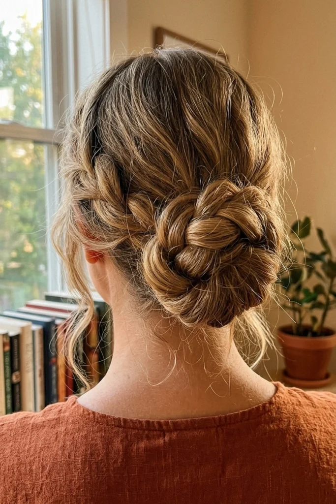 Loose, undone braided bun hairstyle with soft volume and pieces pulled free