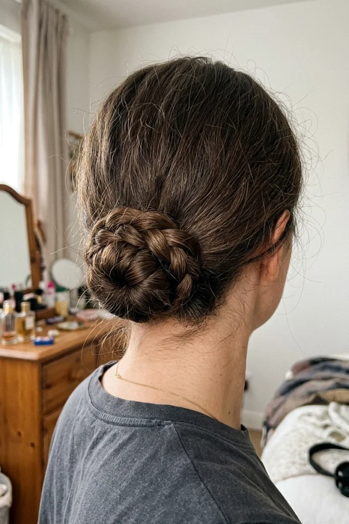 Low braided bun hairstyle positioned at the nape of the neck