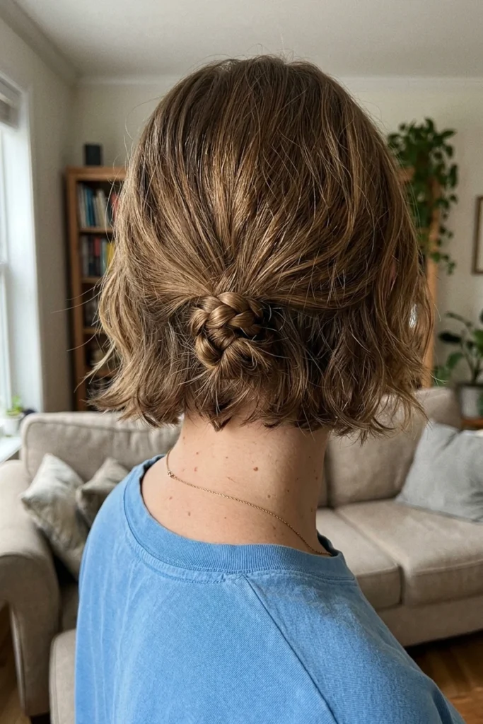 Small braided bun styled on short, bob-length hair