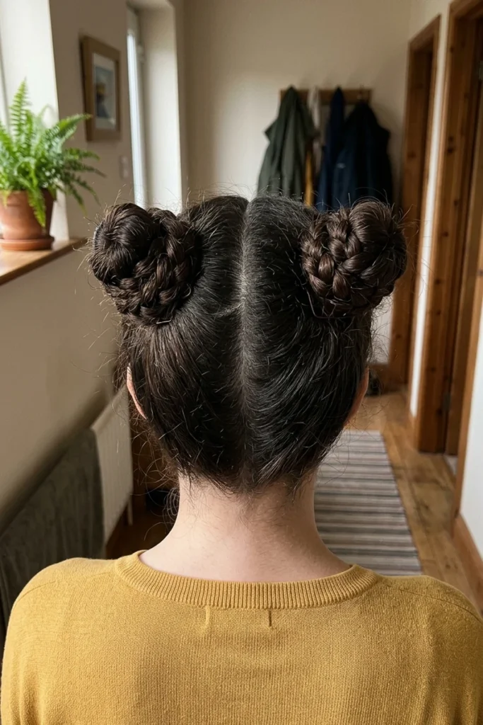 Double braided space buns hairstyle with hair parted down the middle