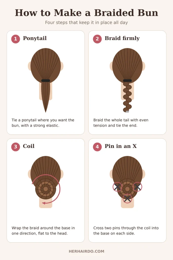 Braided bun diagram in four steps: tie a ponytail, braid it firmly, coil the braid around the base, then pin it with crossed bobby pins
